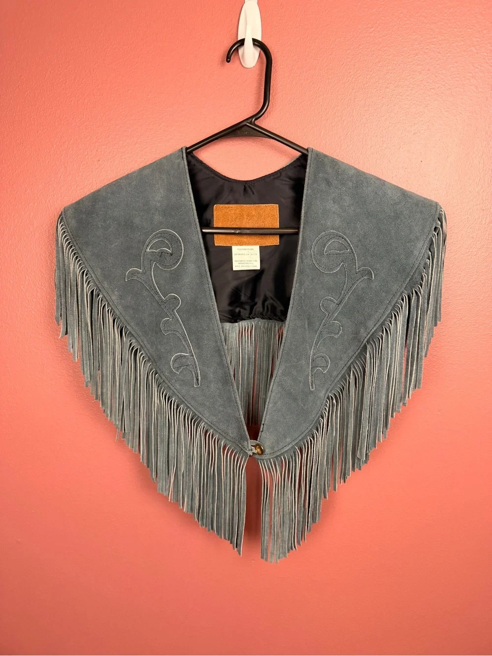 Vintage Ben Kalton Fringed Suede Shawl Collar Slate Gray Blue One Size Buttoned